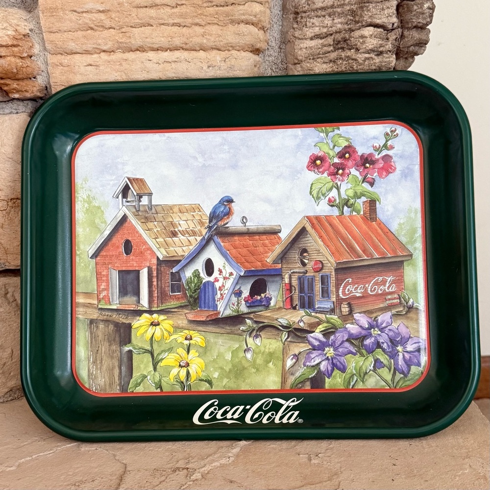 Vintage Coca-Cola Tin‎ Tray with Birdhouse and Floral Design by Jeanne Mack 1997